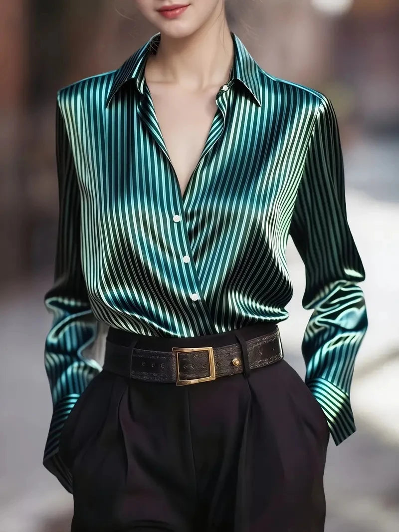 Autumn French design sense retro striped niche long-sleeved shirt for women