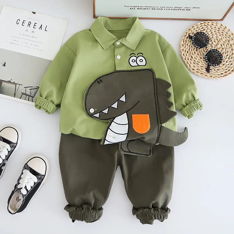 New Spring Kids Clothes Kids Cotton Sport Patchwork Dinosaur Baby Shirt Jeans 2Pcs/Set Children Boys Casual Suit 1 2 3 4 5 Years
