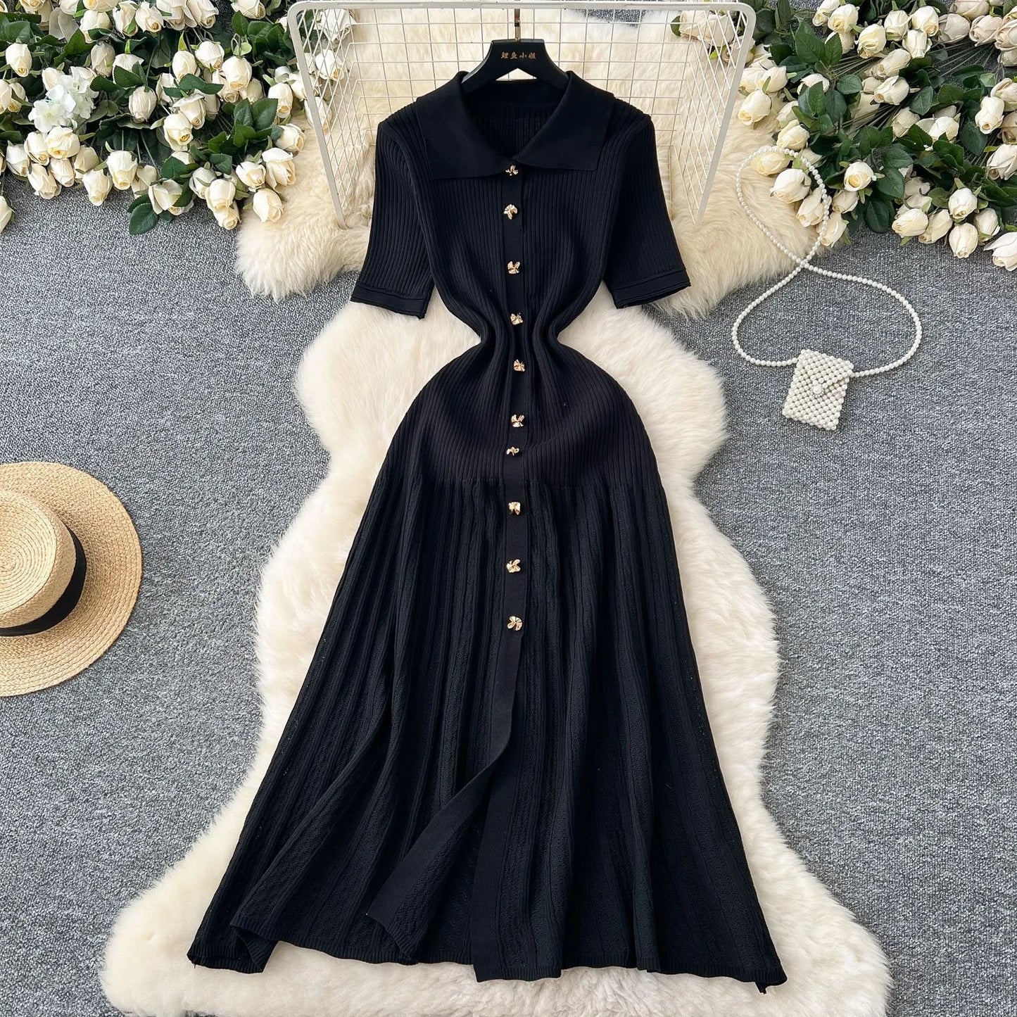 YuooMuoo Chic Fashion Elegant Patchwork Knitted Maxi Dress 2025 Summer Lady Turn-down Collar Shirt Sweater Dress Party Vestidos