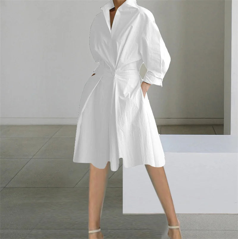 Printed Dresses Women Autumn V-neck Long Sleeved Shirts Fashions Office Lady Pockets Commute Dress 2023 New Robe Vestidos Femme