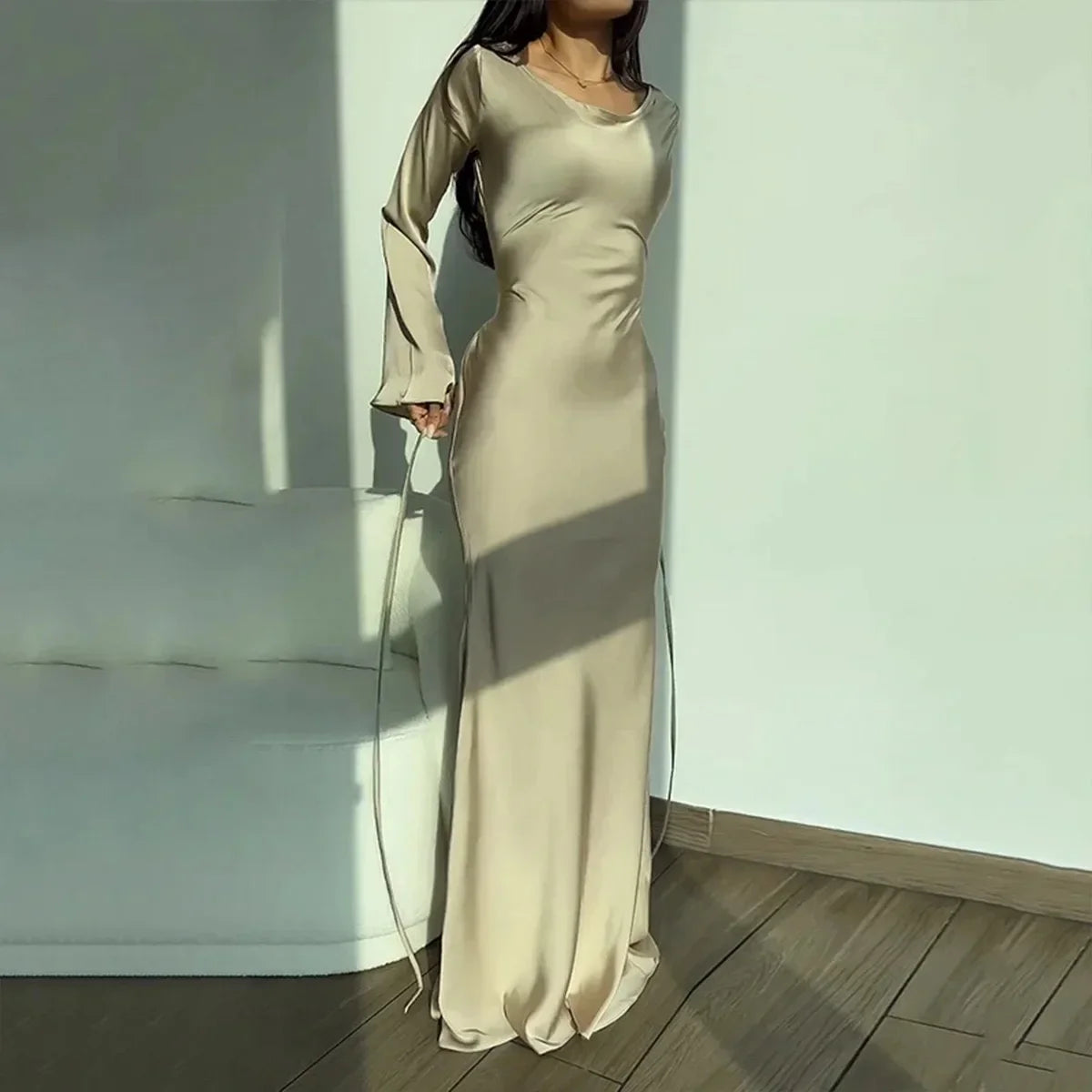Autumn Winter Women's Long Sleeve round Neck Dress Belted Waist Ankle Length Pure Color Lazy Style National Trend Dress