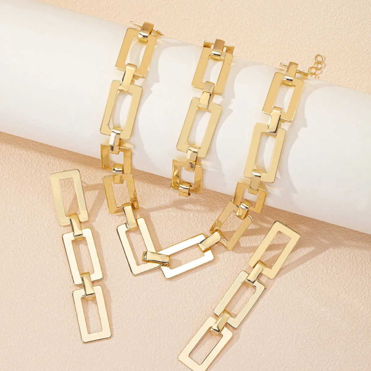 4PCS Stainless Steel Fashion Gold Color Geometric Chain Necklace Bracelets For Women Girl New Fashion Non-fading Set