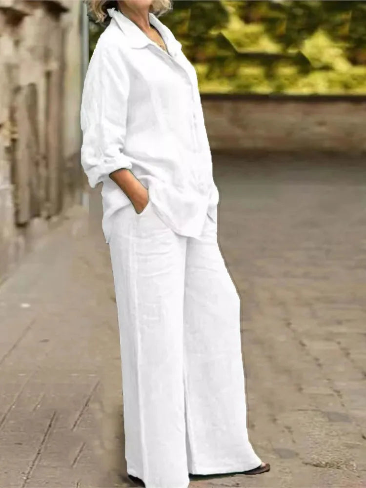 Fashion Cotton Linen Shirt Long Sleeved Women's Set Spring Autumn Loose Cotton Linen Wide Leg Trousers Female Office 2piece Set