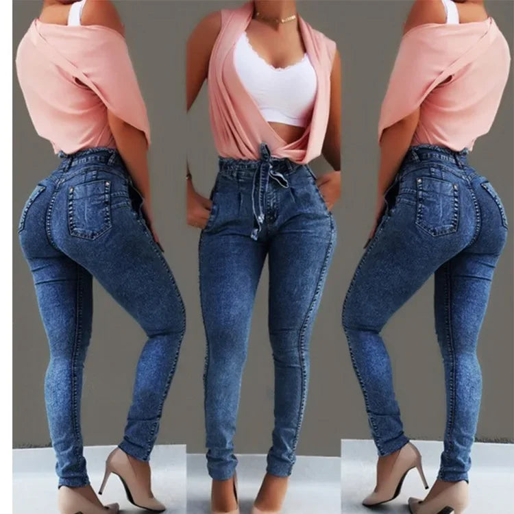 Jeans Slim Stretch Tassel Belt High Waist