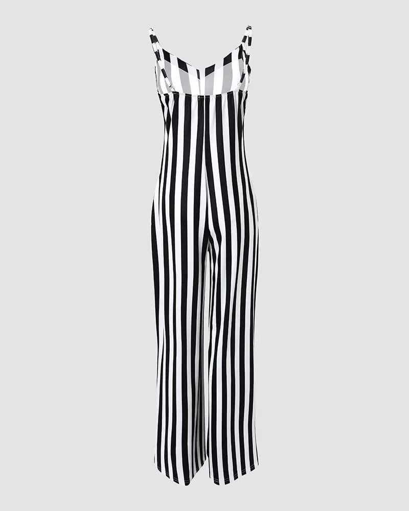 Striped Print Spaghetti Strap Wide Leg Jumpsuit Women