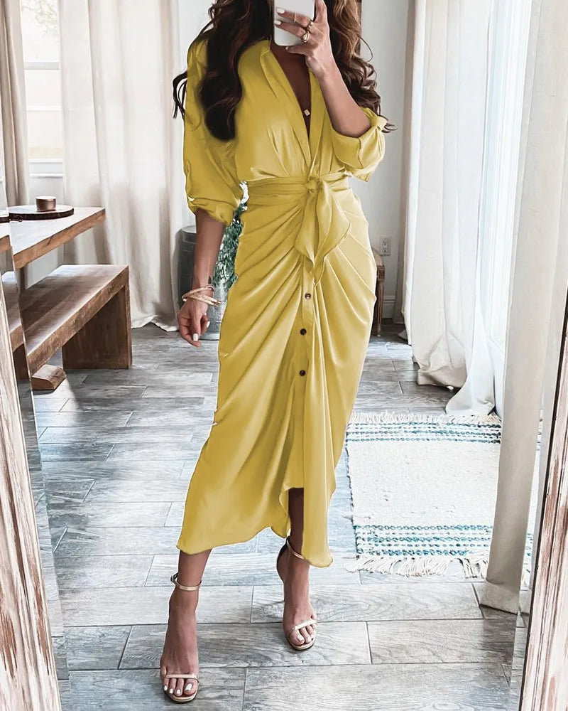 Elegant slim temperament V-neck tie stitching long-sleeved shirt dress long skirt women