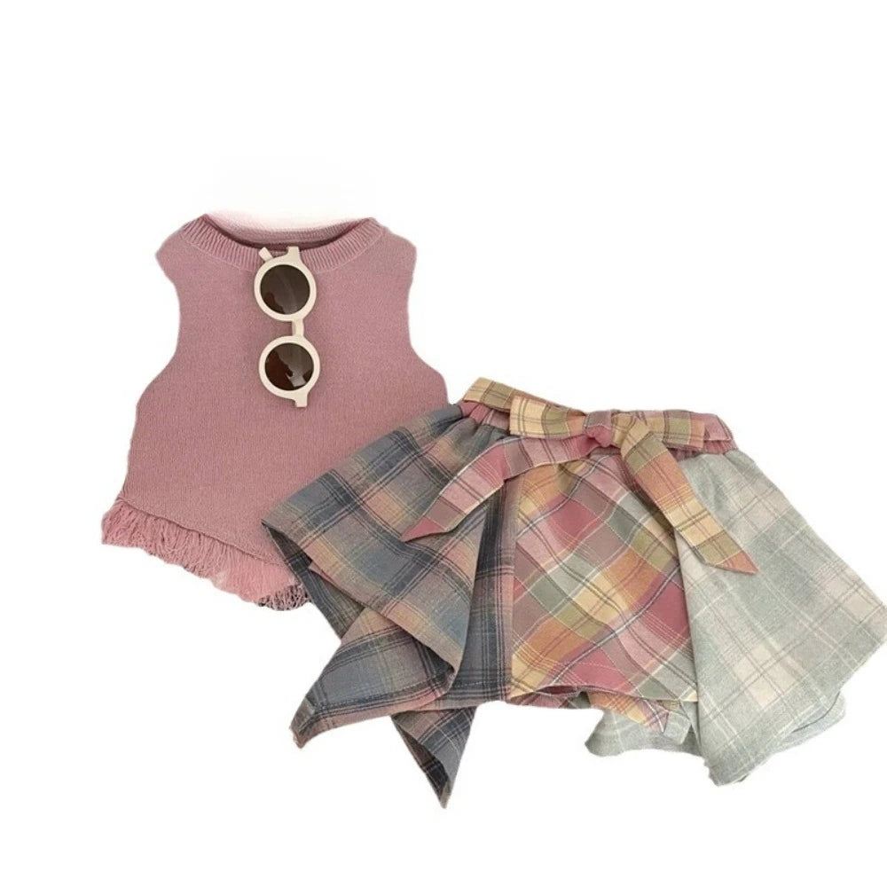 Bear Leader 2025 Summer Girl Suit Korean Version Sleeveless Tassel Vest+3D Bow Irregular Skirt 2-Pcs Set Children's Casual Wear