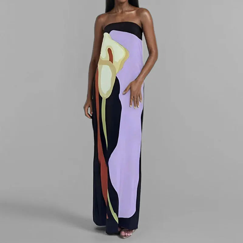 2024 Summer Women Strapless Backless Flower Printed Long Dress Women Sleeveless Off Shoulder Vestidos Plus Size S-3XL Streetwear