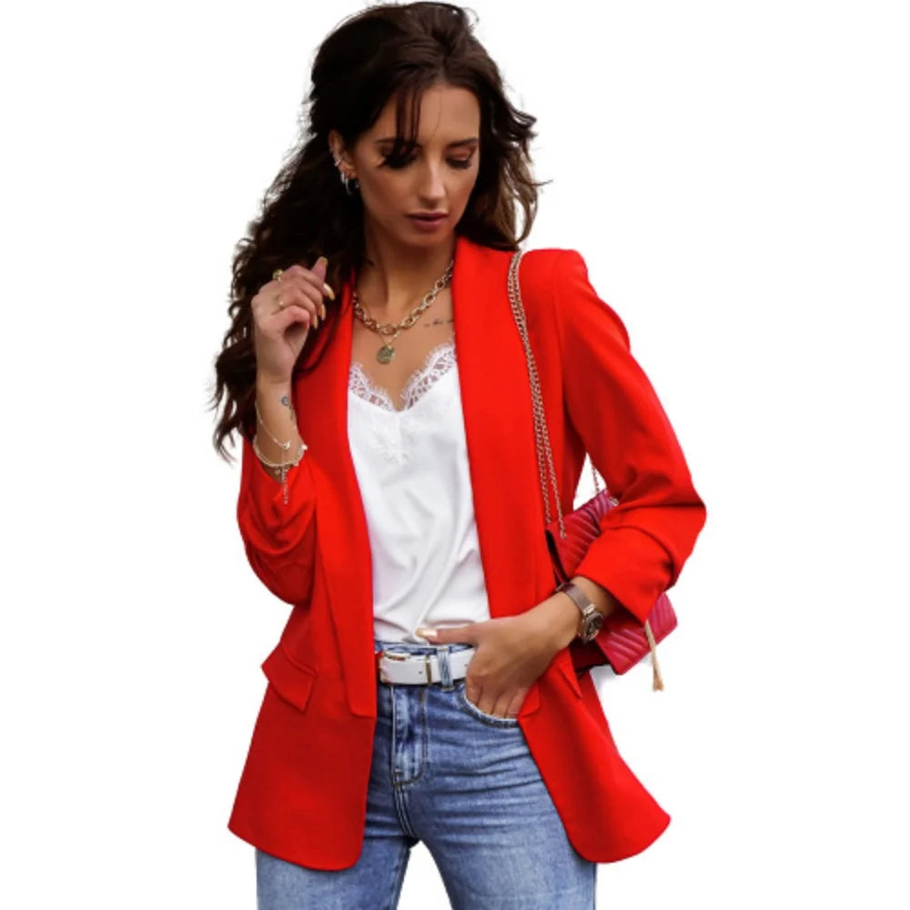 Women's s-3XL Plus Size Commuting Top Jacket Elegant Long Sleeved Suit Collar Solid Color Top OL Temperament Slim Fit Top Jacket