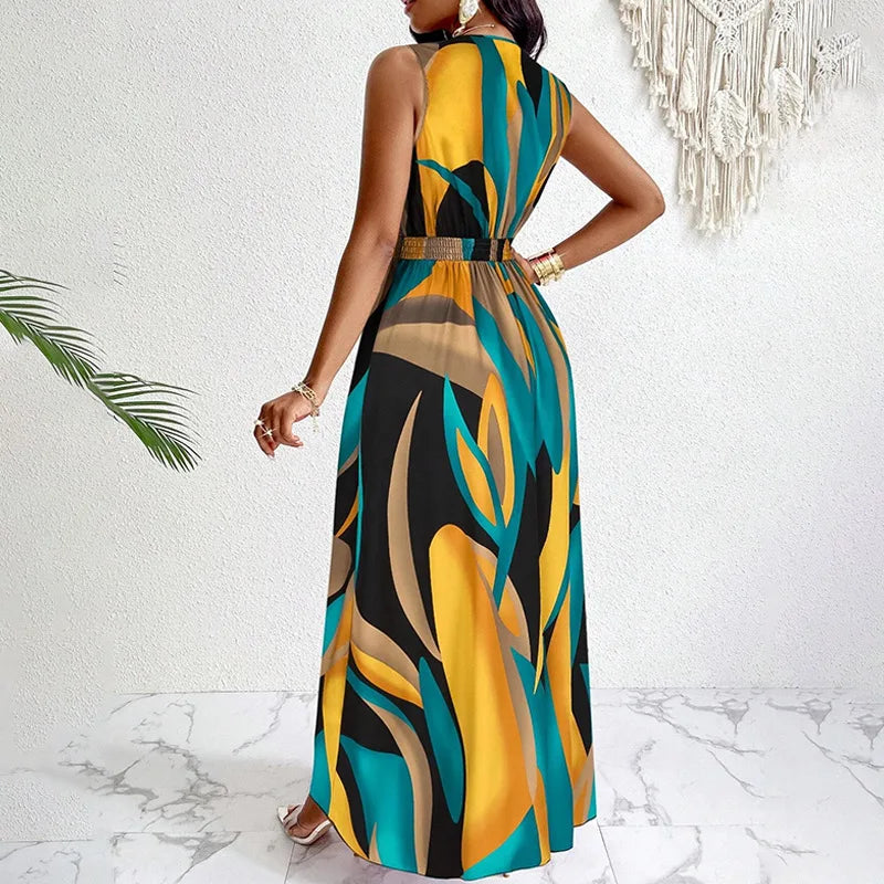 Summer V-neck Elegant Vacation Style Long Printed Dress For Women