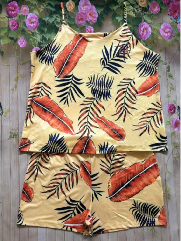 Print Sleeveless Camis Tanks Top And High Waist Shorts Suit Casual Outfits Female