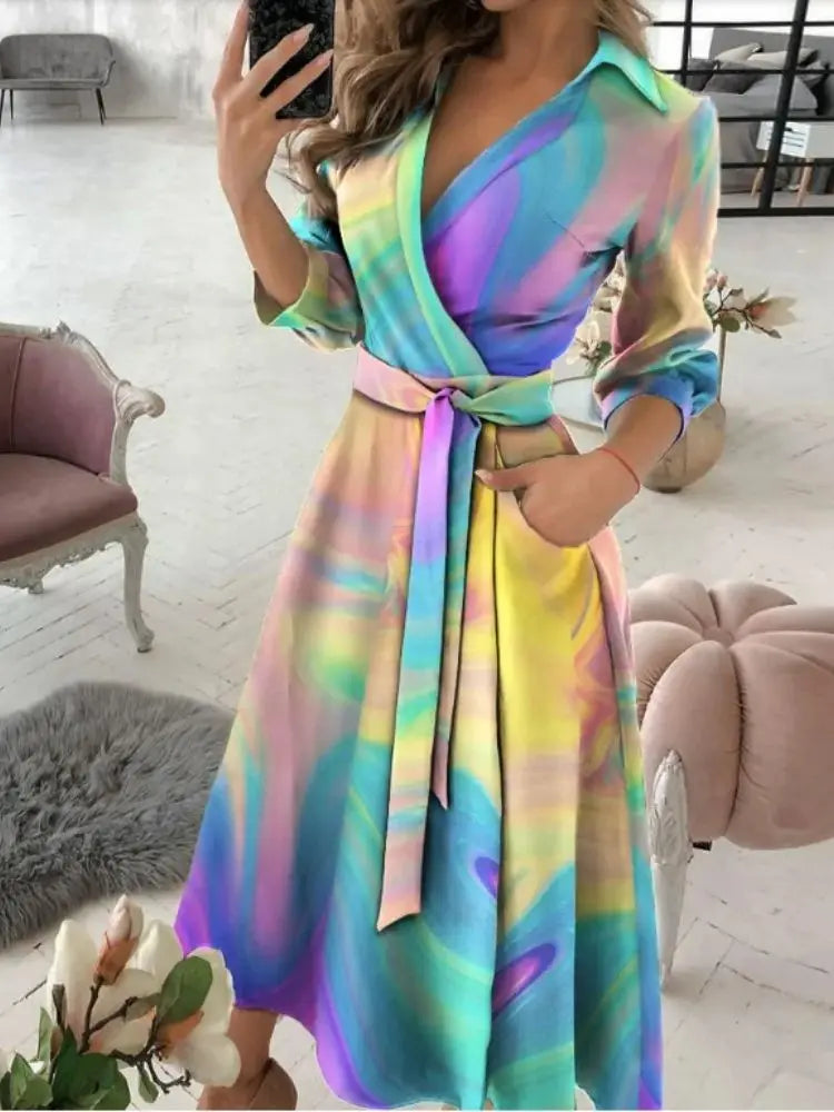 Rainbow Striped Print Summer Dress 2023 Women Button Up Short Sleeve Casual Vintage Shirt Long Dress Ladies Elegant Maxi Dresses