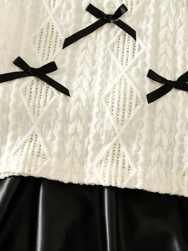 2-Piece Set: Girls' White Bow-Knot Hollow-Out Long-Sleeve Top + Black Pu Leather Skirt Set, Sweet and Cute Fashionable Skirt Set for Girls, Young Lady Style Knitted Top and Short Skirt Two-Piece Set, Casual Spring and Autumn