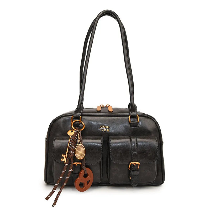 Women Multi-Pocket Tote Shoulder Bag with Golden-Tone Hardware & Letter, Stylish Handbag Purse for Travel, Work, Shopping, Dates