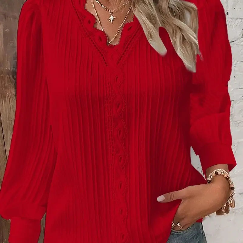 Elegant Summer Hollow Lace Patchwork Women Shirt Chic Blouse V Neck Long Sleeve Shirt Plain Lace Casual Basic Regular Tops