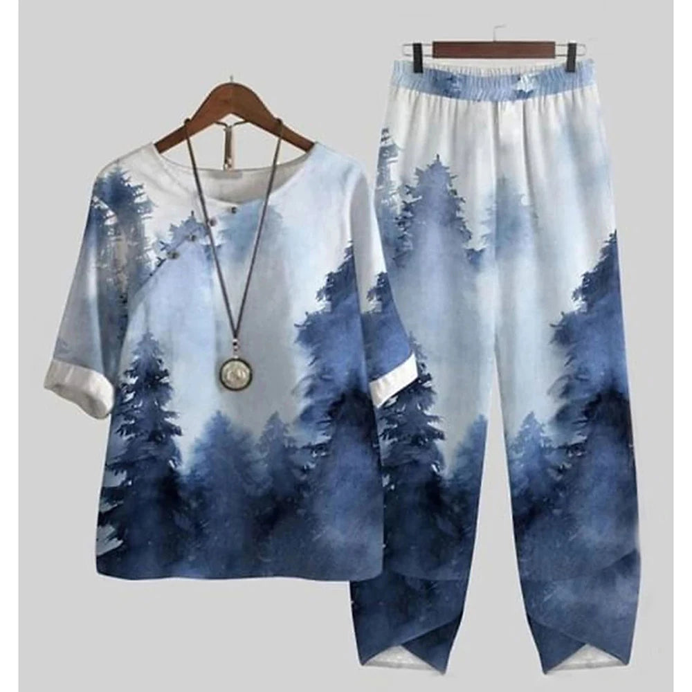 Summer 2 Piece Set Women Loose Short Sleeve Shirt Top High Waist Pants Flower Print Outfits Ladies Elegant Vintage Suit Fall