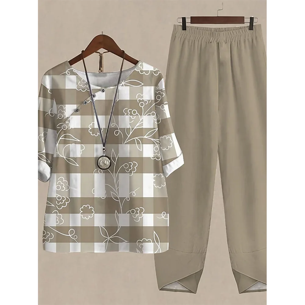 Summer 2 Piece Set Women Loose Short Sleeve Shirt Top High Waist Pants Flower Print Outfits Ladies Elegant Vintage Suit Fall