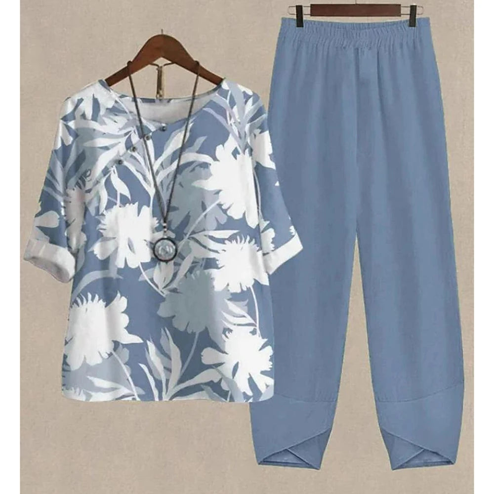 Summer 2 Piece Set Women Loose Short Sleeve Shirt Top High Waist Pants Flower Print Outfits Ladies Elegant Vintage Suit Fall