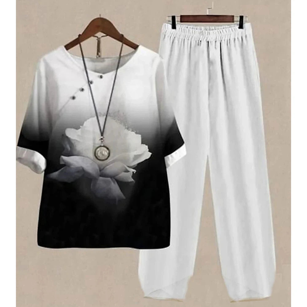 Summer 2 Piece Set Women Loose Short Sleeve Shirt Top High Waist Pants Flower Print Outfits Ladies Elegant Vintage Suit Fall
