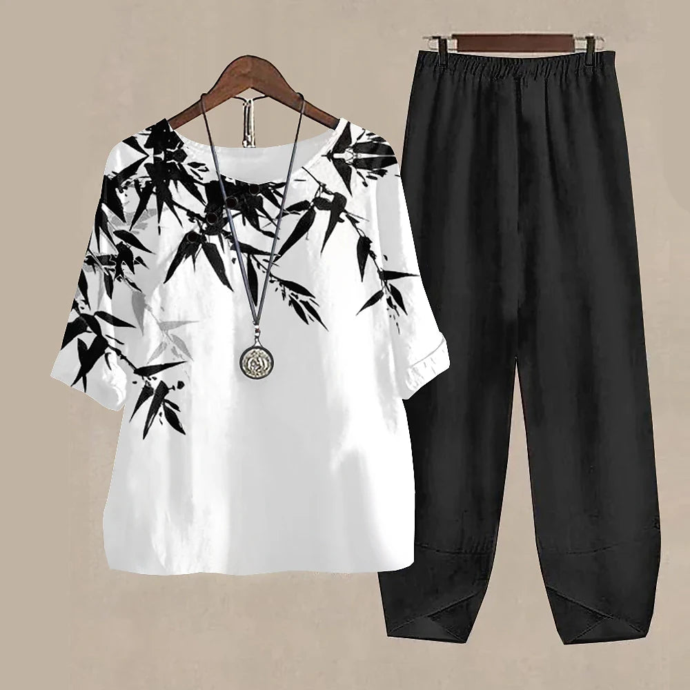 Summer 2 Piece Set Women Loose Short Sleeve Shirt Top High Waist Pants Flower Print Outfits Ladies Elegant Vintage Suit Fall
