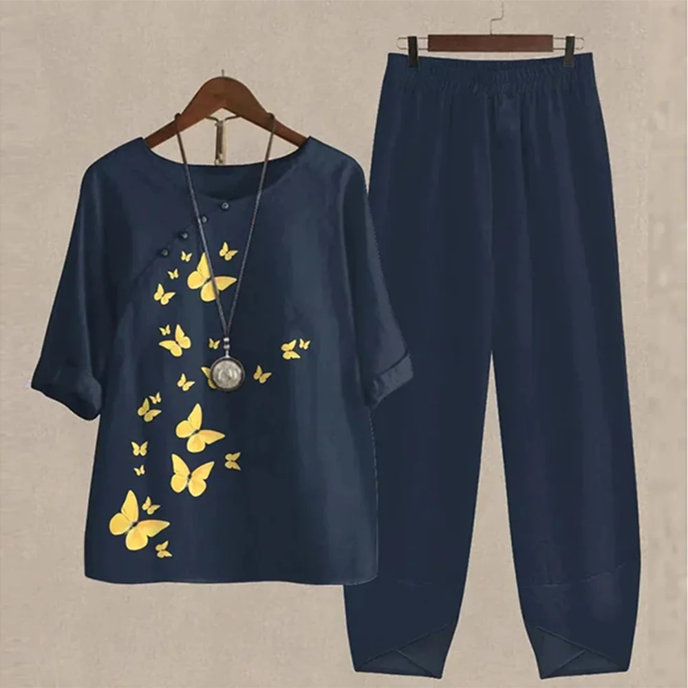 Summer 2 Piece Set Women Loose Short Sleeve Shirt Top High Waist Pants Flower Print Outfits Ladies Elegant Vintage Suit Fall