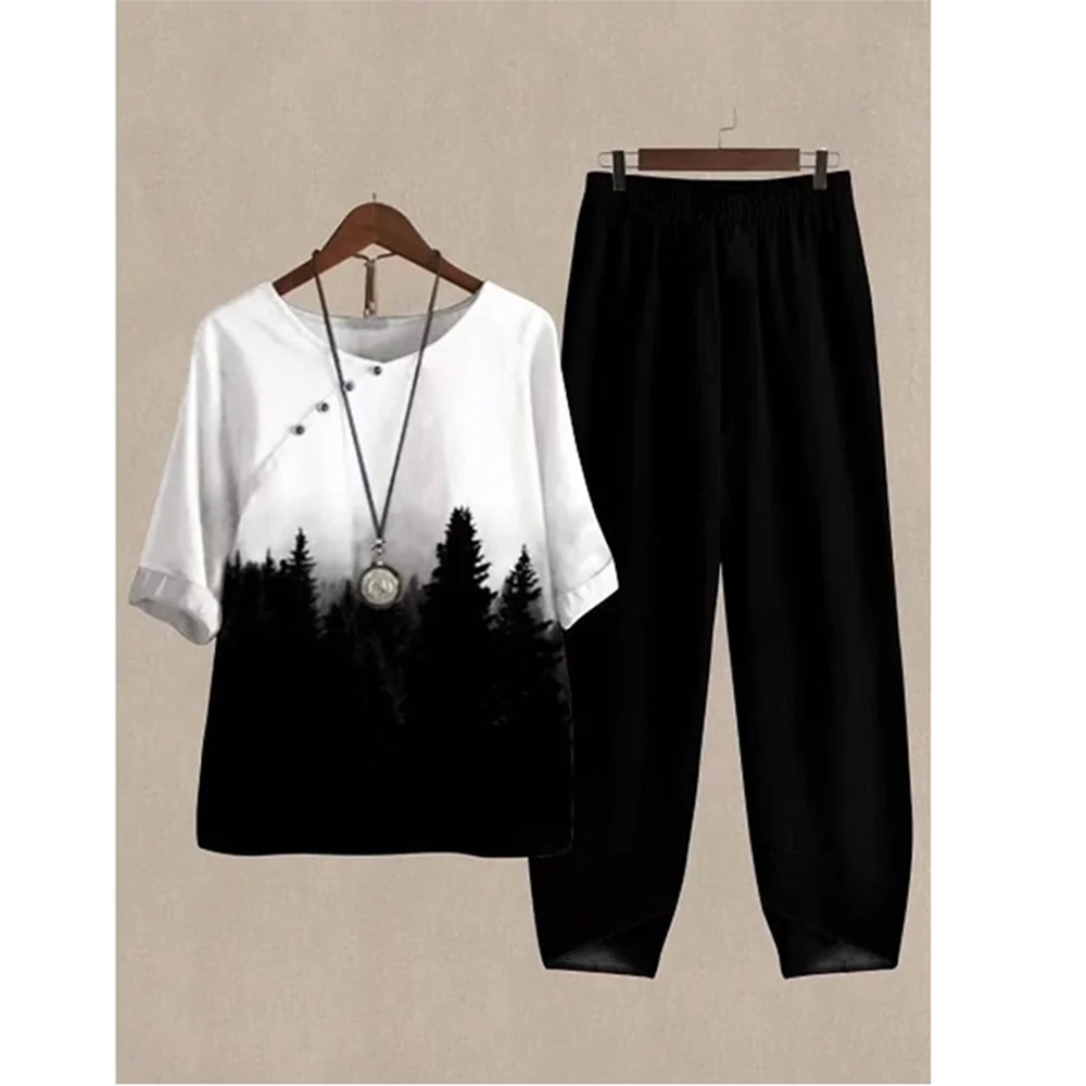 Summer 2 Piece Set Women Loose Short Sleeve Shirt Top High Waist Pants Flower Print Outfits Ladies Elegant Vintage Suit Fall