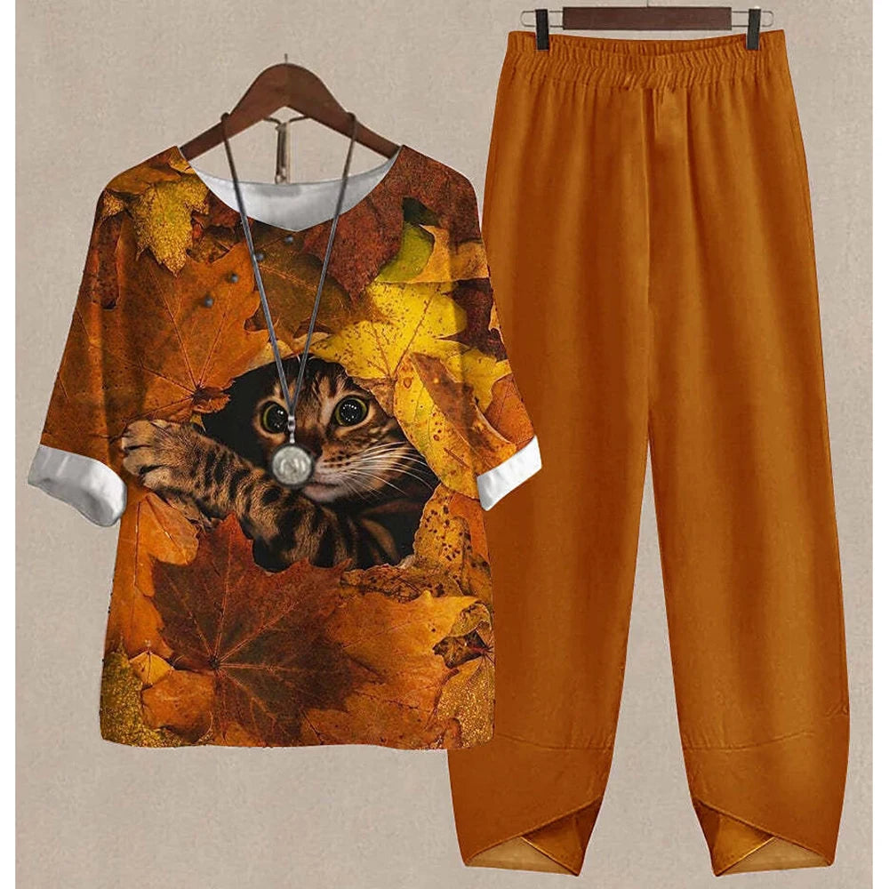 Summer 2 Piece Set Women Loose Short Sleeve Shirt Top High Waist Pants Flower Print Outfits Ladies Elegant Vintage Suit Fall