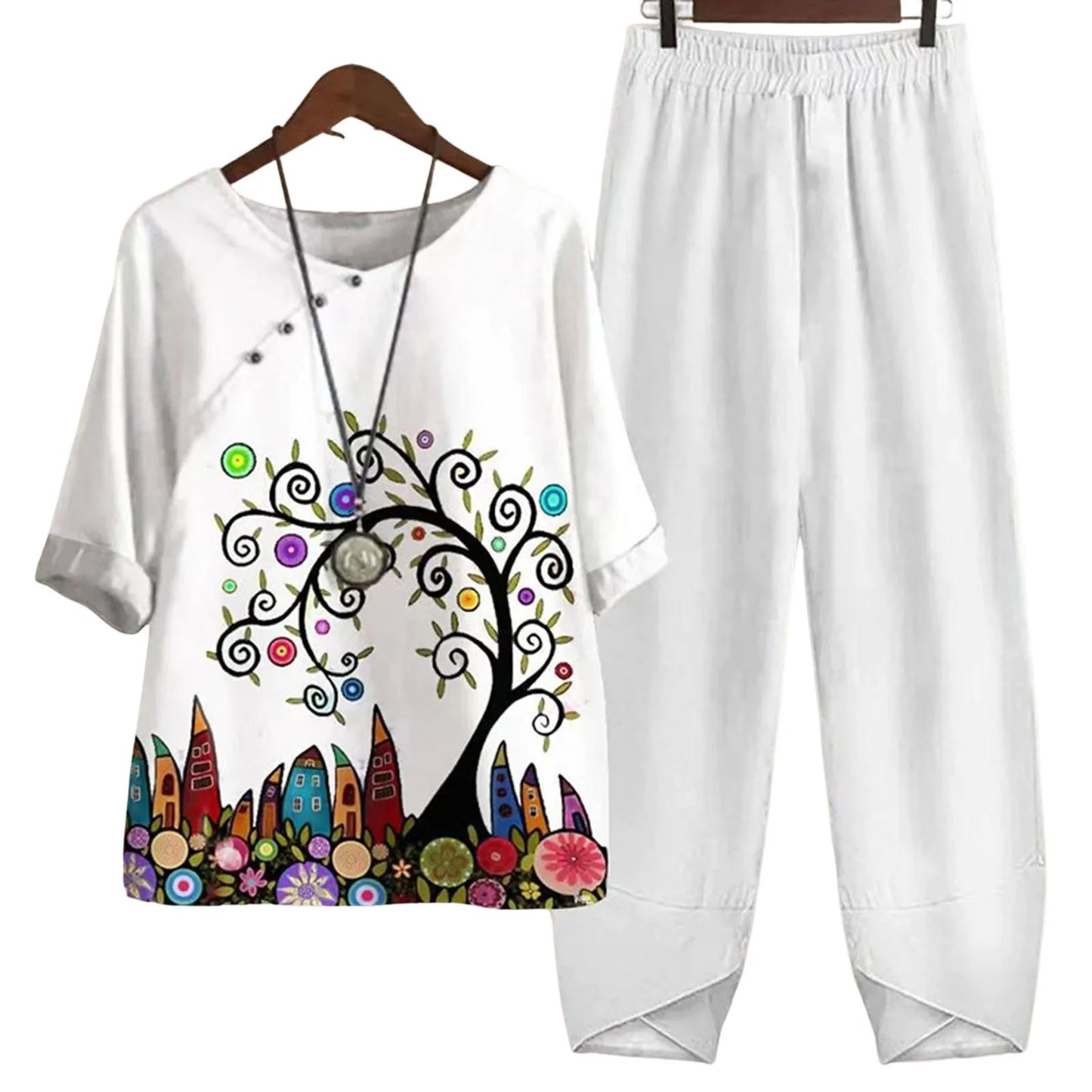 Summer 2 Piece Set Women Loose Short Sleeve Shirt Top High Waist Pants Flower Print Outfits Ladies Elegant Vintage Suit Fall