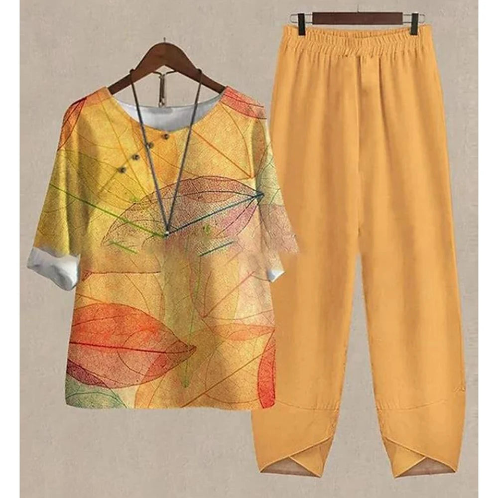 Summer 2 Piece Set Women Loose Short Sleeve Shirt Top High Waist Pants Flower Print Outfits Ladies Elegant Vintage Suit Fall