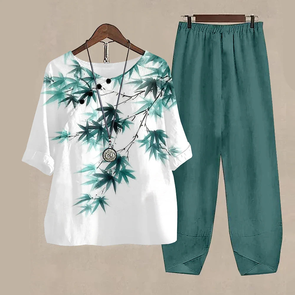 Summer 2 Piece Set Women Loose Short Sleeve Shirt Top High Waist Pants Flower Print Outfits Ladies Elegant Vintage Suit Fall