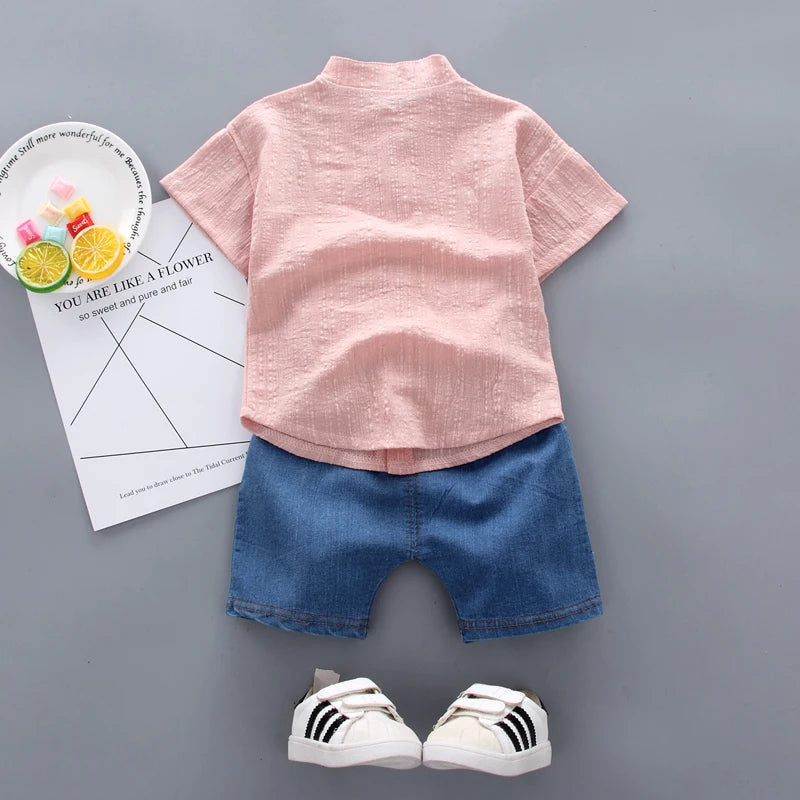 Toddler Kids Baby Boys Shirt Cartoon Tops Denim Shorts Pants Outfits Set Baby Clothes
