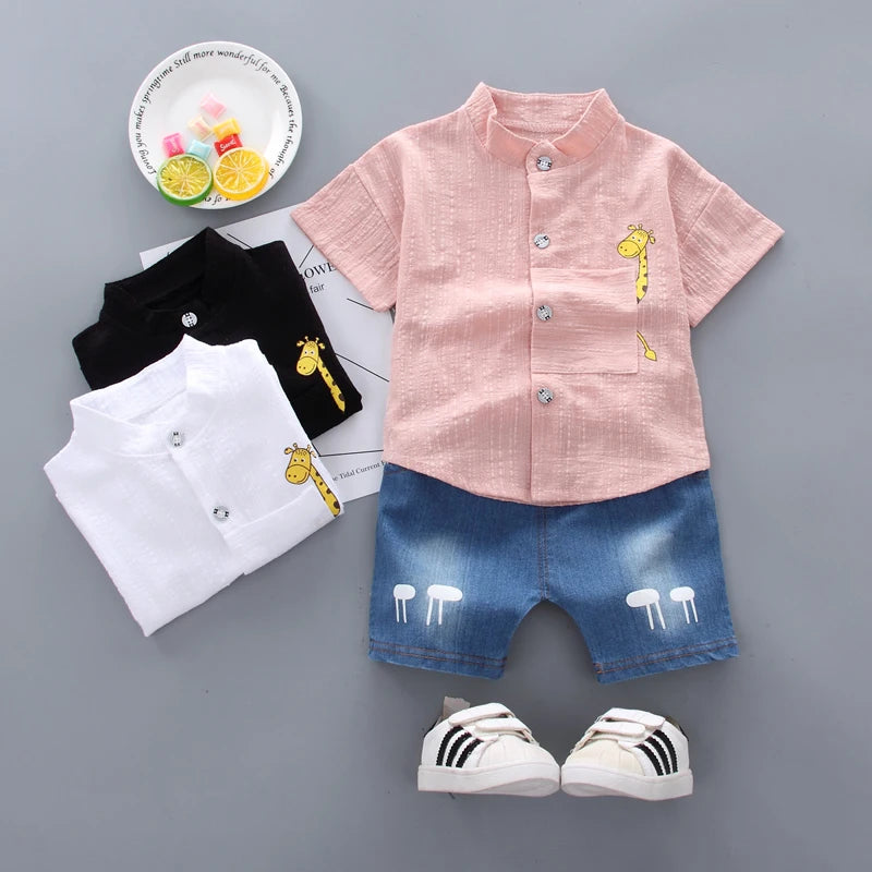 Toddler Kids Baby Boys Shirt Cartoon Tops Denim Shorts Pants Outfits Set Baby Clothes