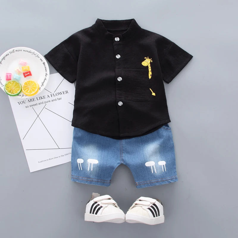Toddler Kids Baby Boys Shirt Cartoon Tops Denim Shorts Pants Outfits Set Baby Clothes