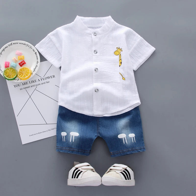 Toddler Kids Baby Boys Shirt Cartoon Tops Denim Shorts Pants Outfits Set Baby Clothes