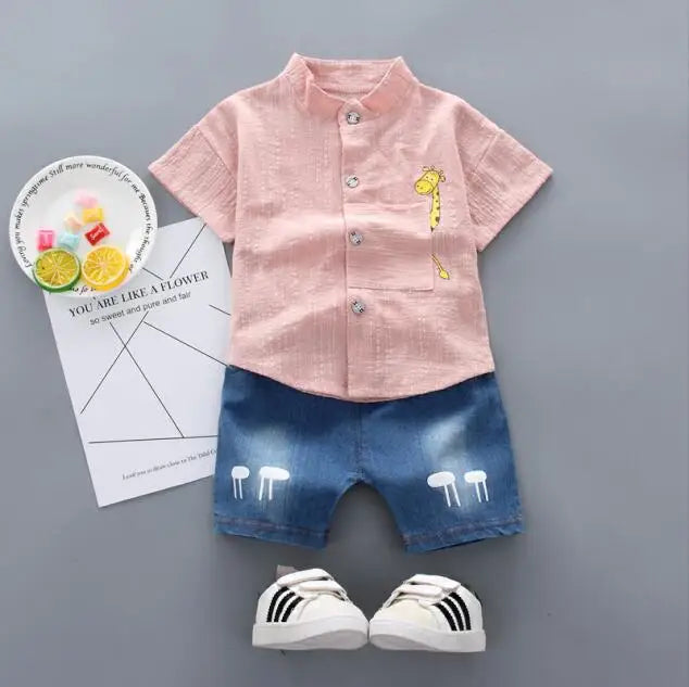 Toddler Kids Baby Boys Shirt Cartoon Tops Denim Shorts Pants Outfits Set Baby Clothes