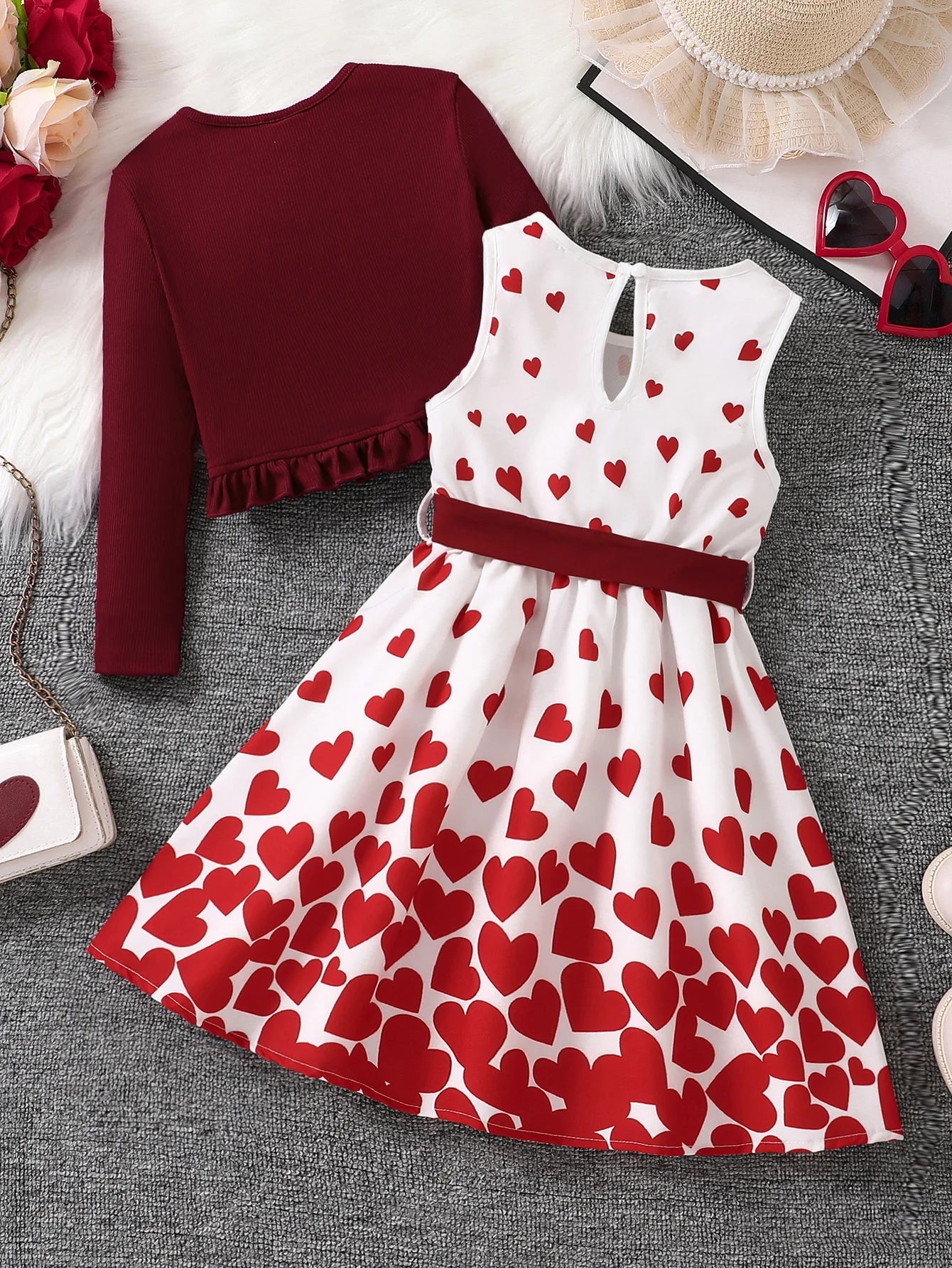 Spring Autumn Casual Cute Girl Two-Piece Set Red Vest Heart-Shaped Floral Skirt Fashion Outfit for Girls