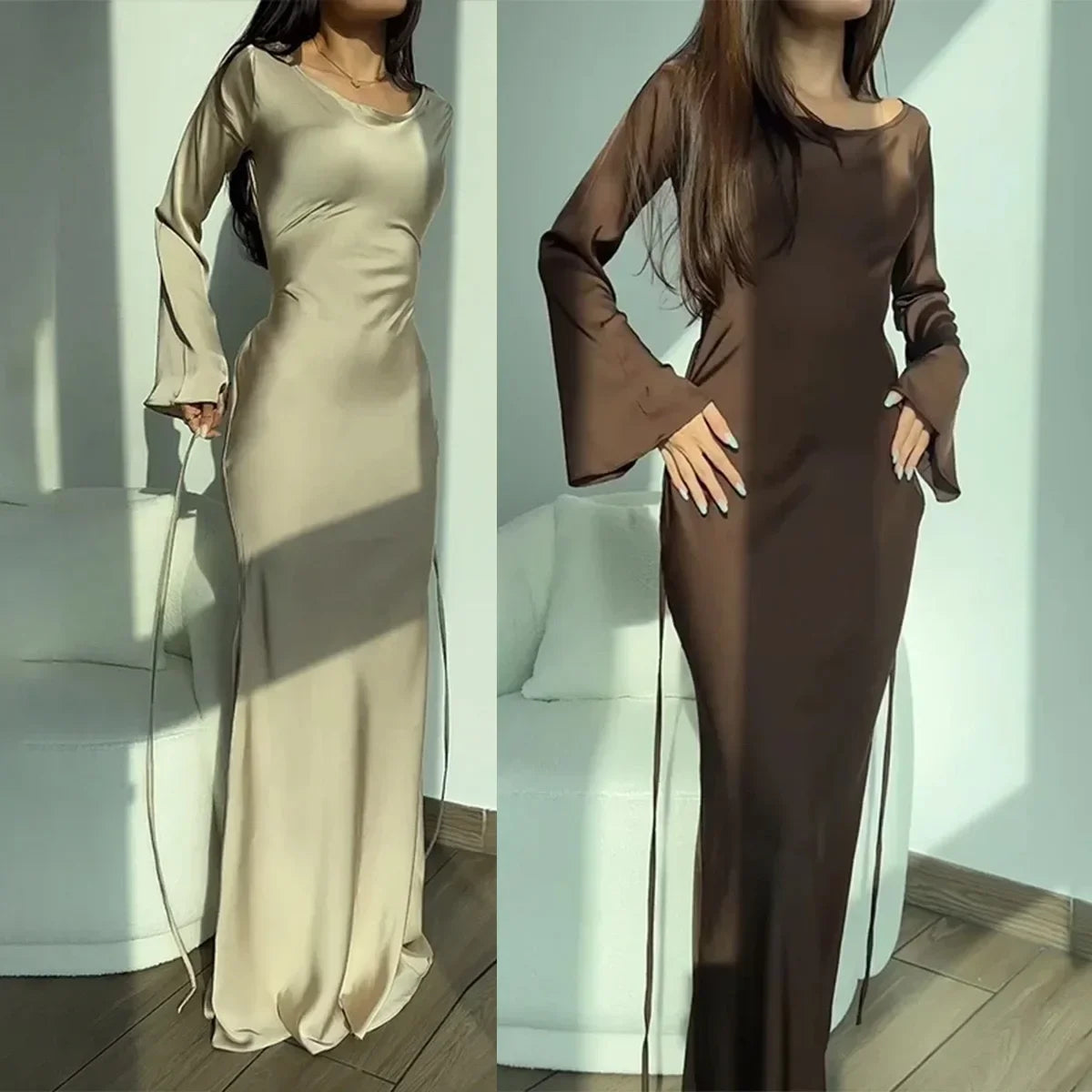 Autumn Winter Women's Long Sleeve round Neck Dress Belted Waist Ankle Length Pure Color Lazy Style National Trend Dress
