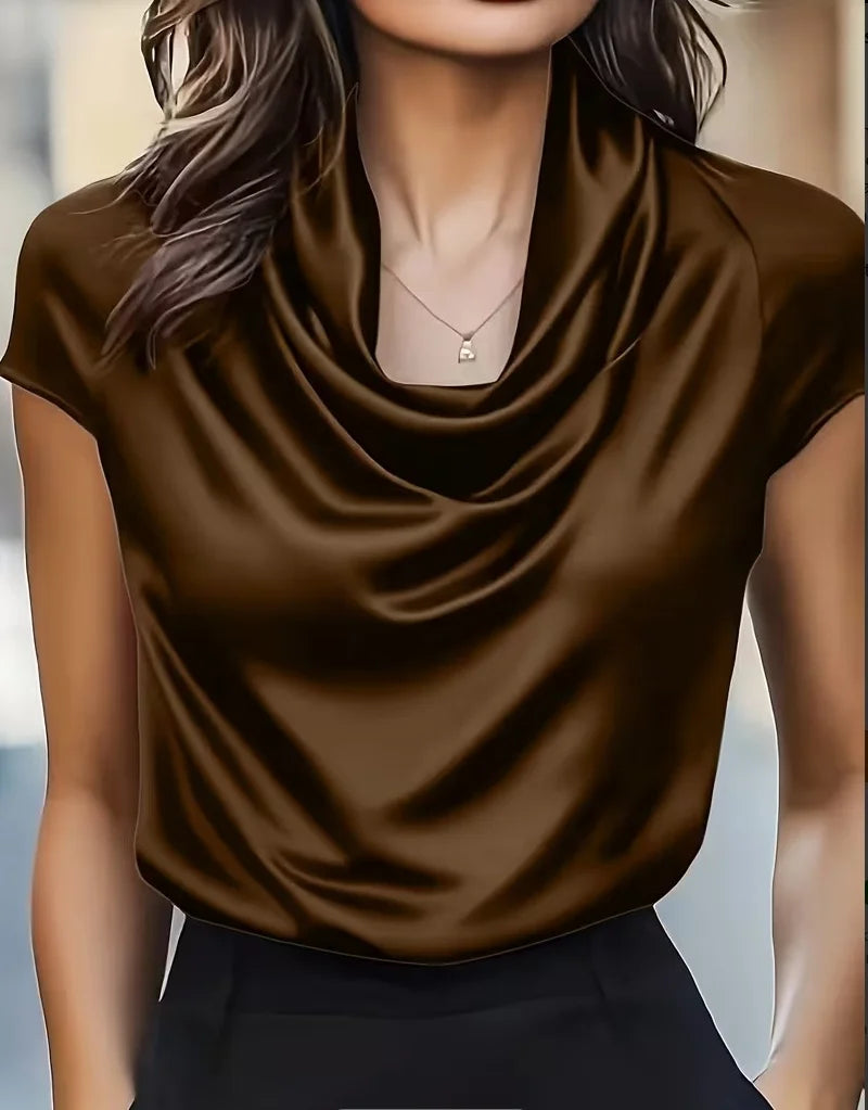 Elegant Satin Cowl Neck Short Sleeve Blouse for Women - Smooth Silk-Like Fabric Perfect for Office and Evening Wear