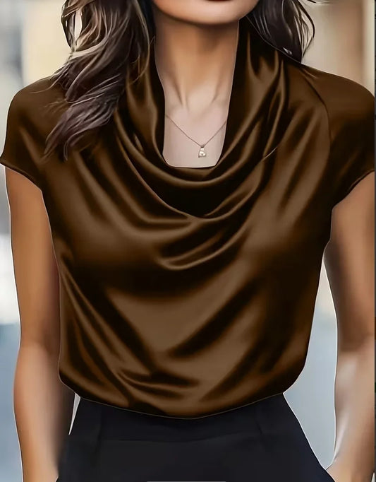 Elegant Satin Cowl Neck Short Sleeve Blouse for Women - Smooth Silk-Like Fabric Perfect for Office and Evening Wear