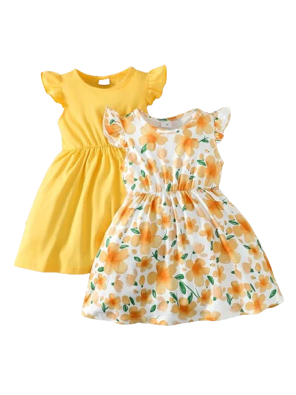 2PCS/Bundle Dress Yellow Sleeved Yellow Sleeveless Floral Dress Rural Style Dress Summer Daily Wear for Child Girl 1-6 Years