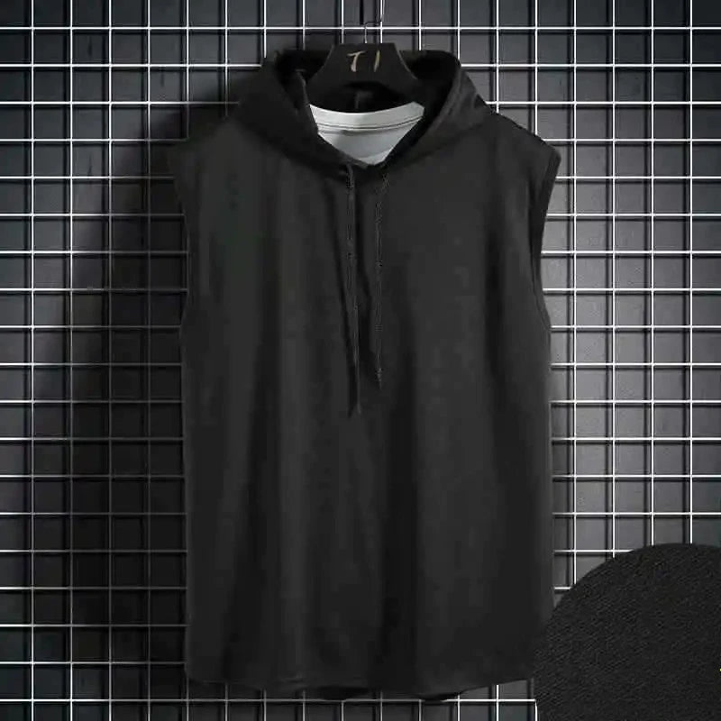 Men's lace up hooded sleeveless vest, men's summer loose solid color hip-hop T-shirt top, sports vest