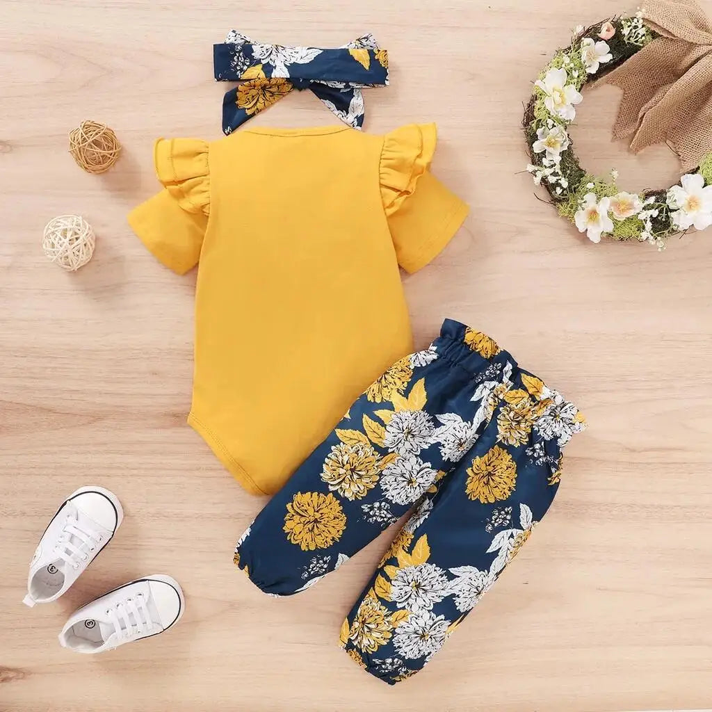 Baby Girls Clothing Set Short Sleeve Bodysuit +Floral Pants with Bow + Headband 3PCS Outfits Toddler Baby Girl Clothing
