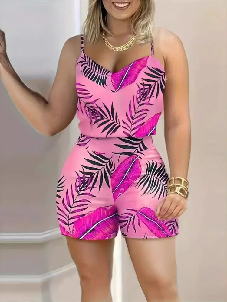 Print Sleeveless Camis Tanks Top And High Waist Shorts Suit Casual Outfits Female
