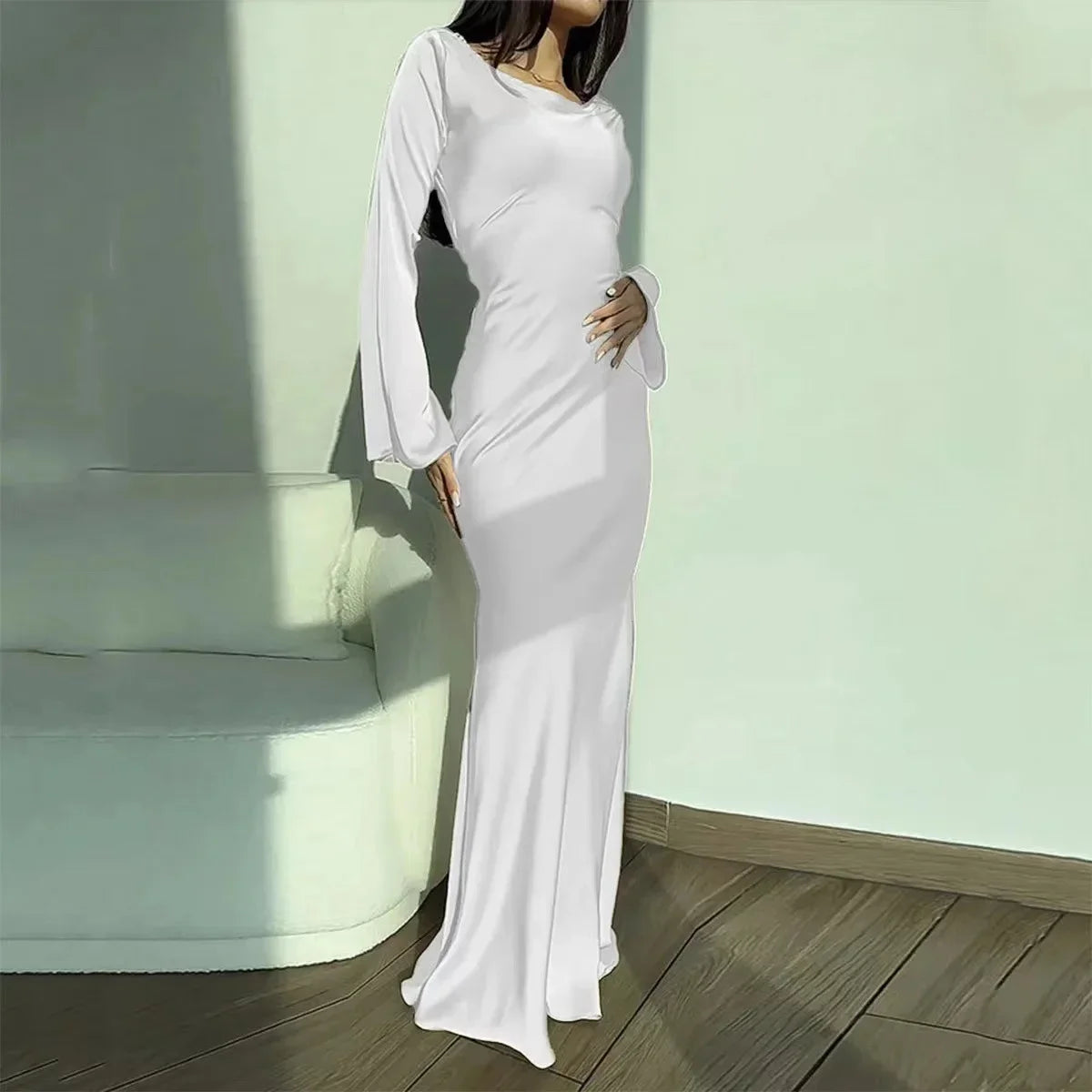 Autumn Winter Women's Long Sleeve round Neck Dress Belted Waist Ankle Length Pure Color Lazy Style National Trend Dress