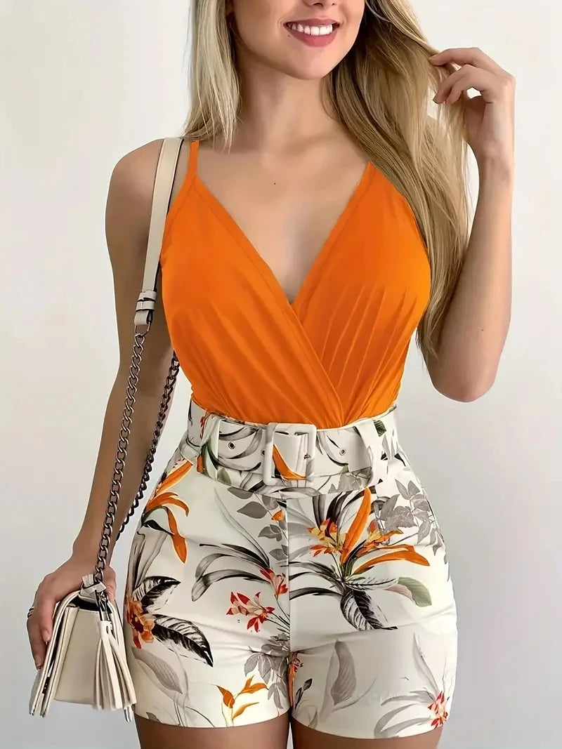 Women's Clothing V-neck Camisole and Plant Print Shorts Set with Belt