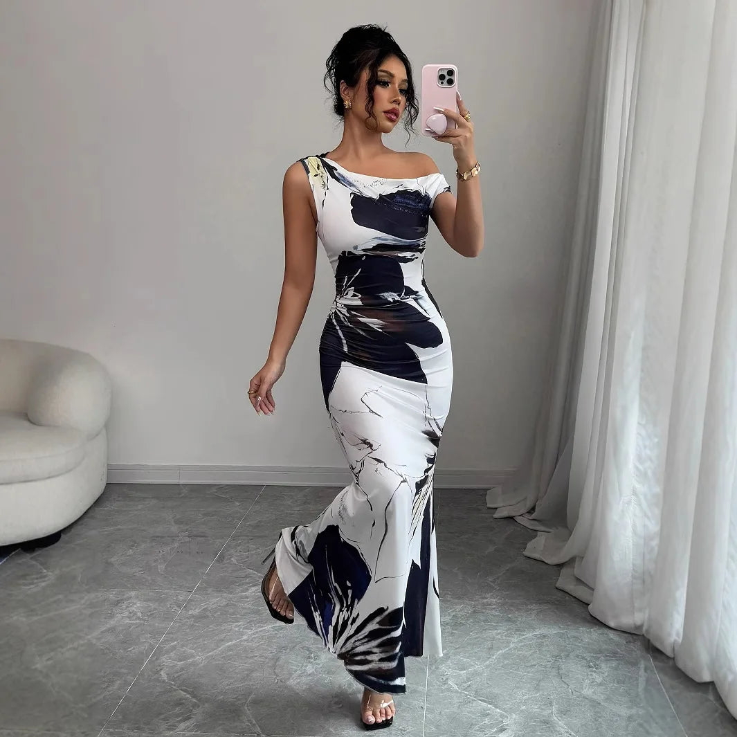 Sexy Bodycon Maxi Dresses For Women 2025 Autumn Winter Fashion Flower Print Slim Sleeveless Off The Shoulder Long Dress Elegant
