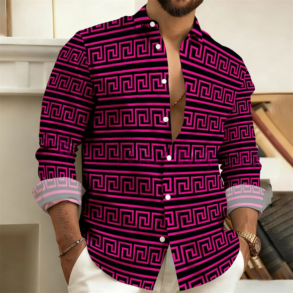 2026 New Men's Long-Sleeved Polo Shirt, Vintage Print Style with Greek Key Pattern, Elegant, Comfortable, and Stylish Men's Top
