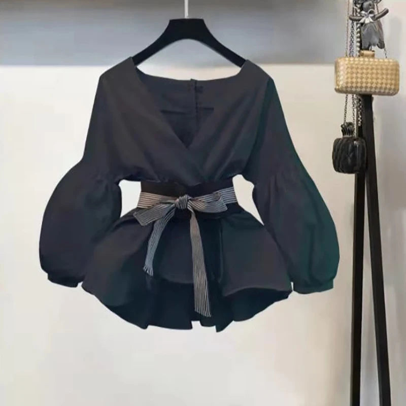 Women Elegant V-Neck Stripe Lantern Sleeve Bow Belt Trend Slim Chiffon Shirt Top And Korean Ripped Jeans Office Lady Casual Suit