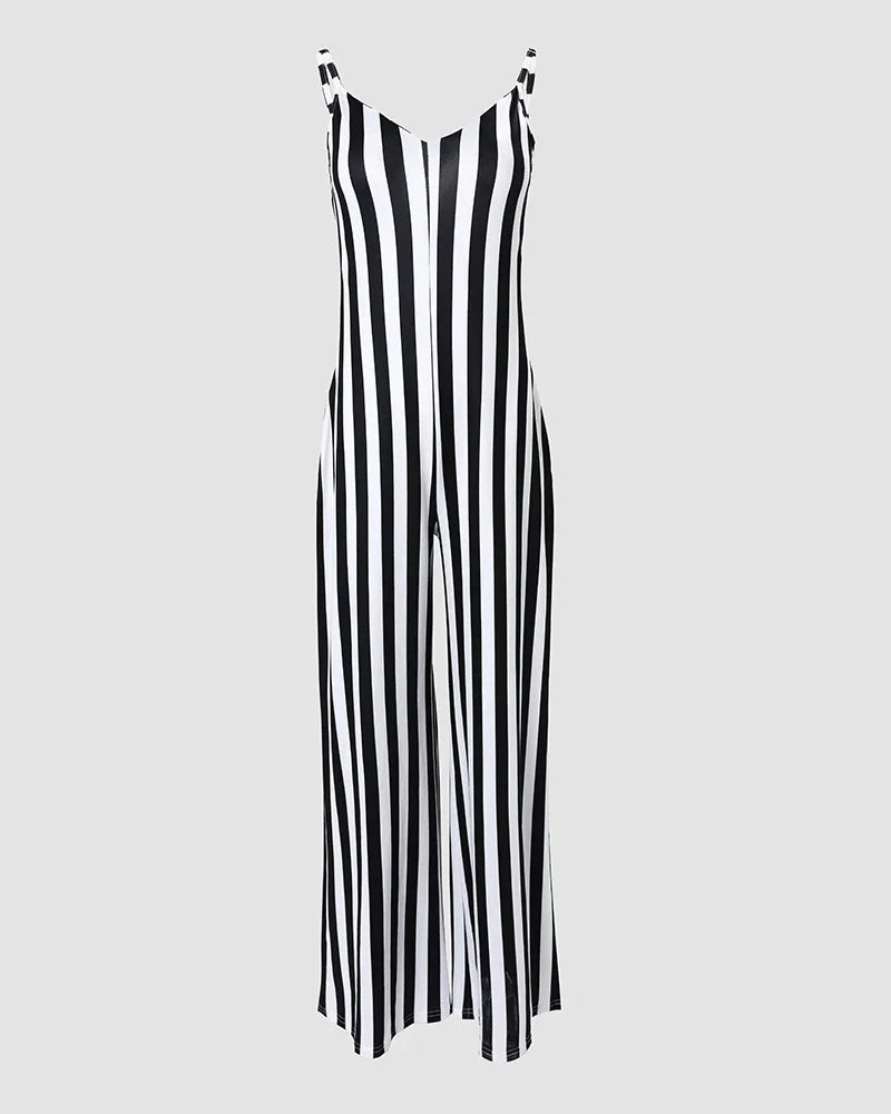 Striped Print Spaghetti Strap Wide Leg Jumpsuit Women
