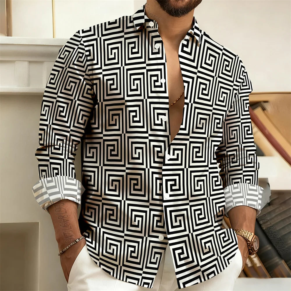 2026 New Men's Long-Sleeved Polo Shirt, Vintage Print Style with Greek Key Pattern, Elegant, Comfortable, and Stylish Men's Top